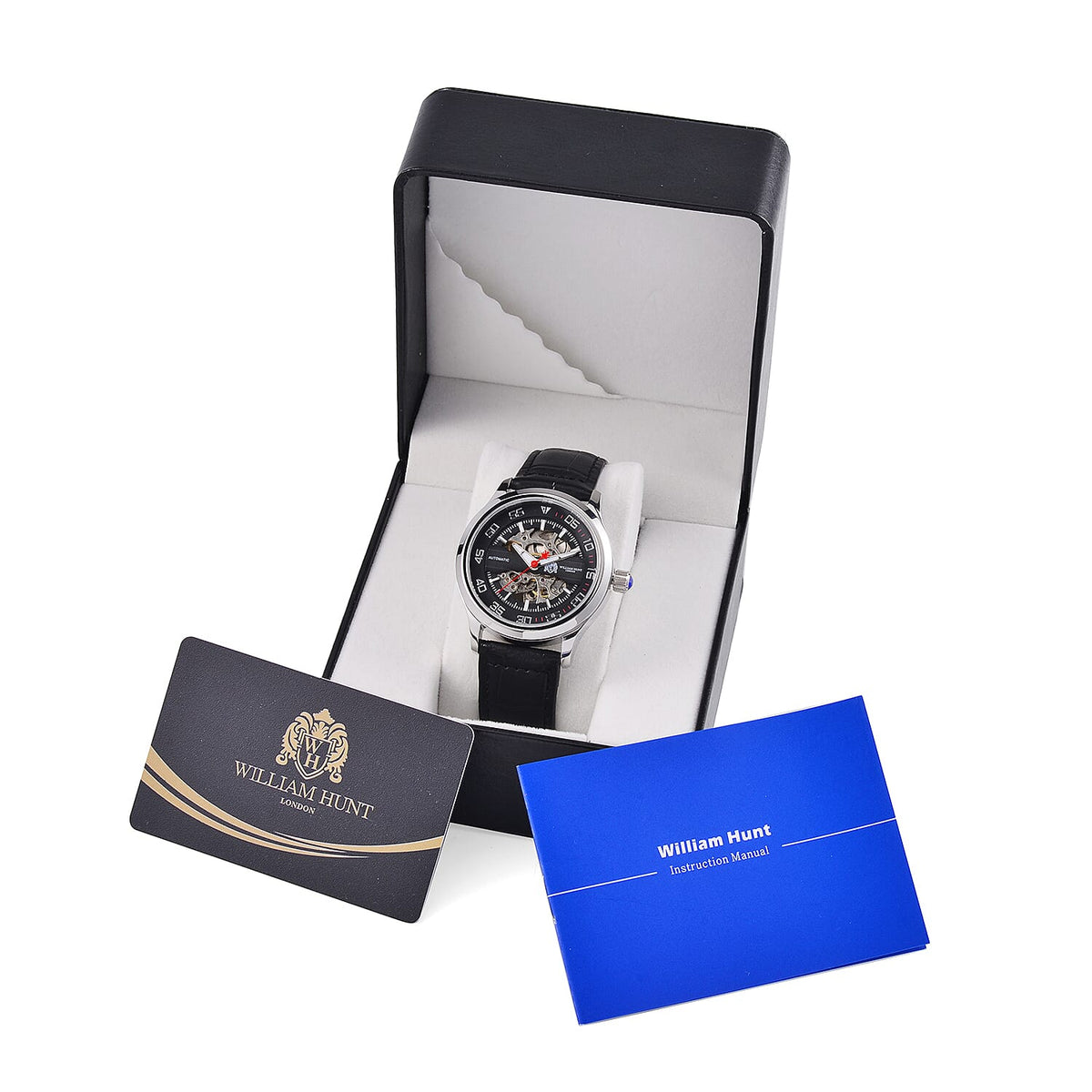 WILLIAM HUNT 5 ATM Water Resistant Automatic Movt. Watch in Silver Tone with Black Leather Strap 7703125 9