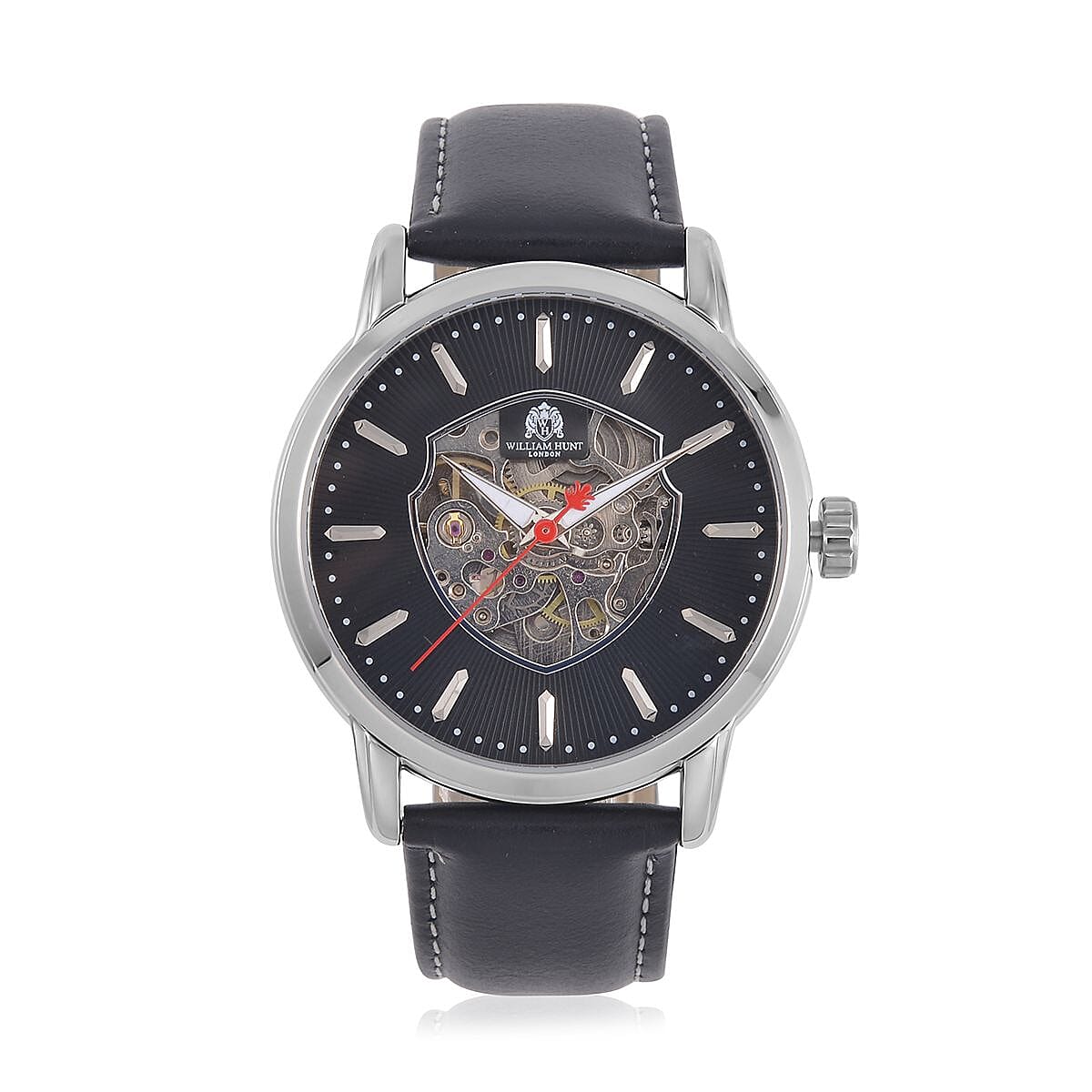 WILLIAM HUNT Automatic Movement 5 ATM Water Resistant Watch With Skeleton Display &amp; Black Leather Strap 7606186 0