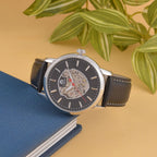 WILLIAM HUNT Automatic Movt. 5 ATM Water Resistant Watch With Skeleton Display - Black Leather Strap