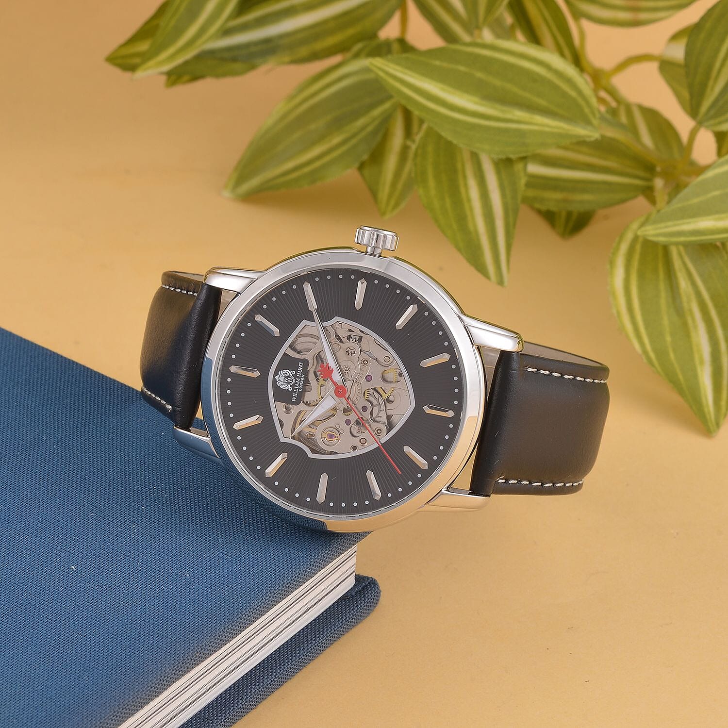 WILLIAM HUNT Automatic Movement 5 ATM Water Resistant Watch With Skeleton Display &amp; Black Leather Strap 7606186 2