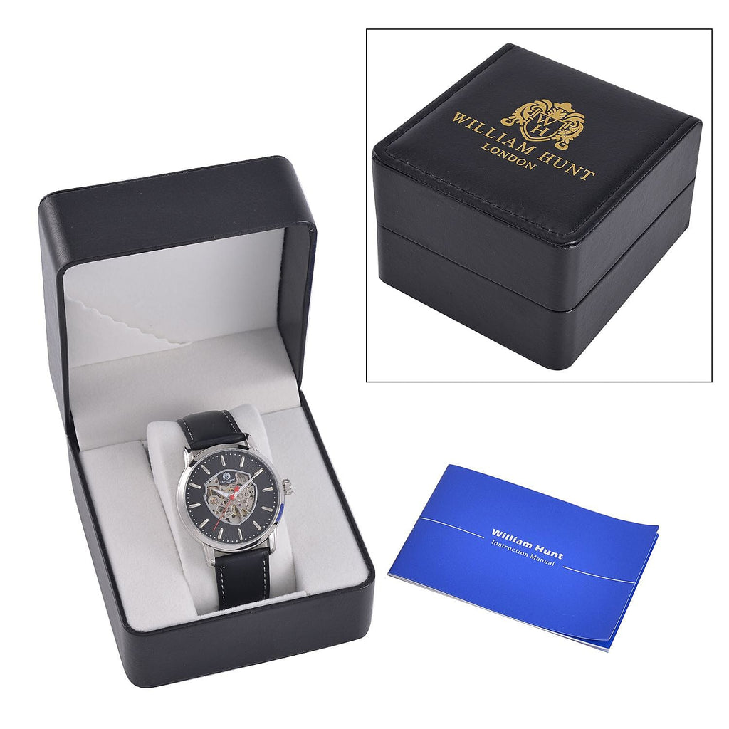 WILLIAM HUNT Automatic Movt. 5 ATM Water Resistant Watch With Skeleton Display - Black Leather Strap