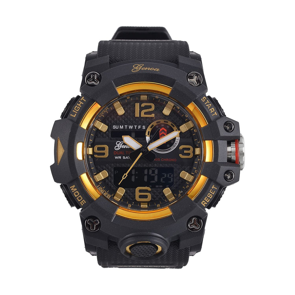 GENOA Time V2 Dual Japanese Movement Black Dial Gold Scale 5 ATM Water Resistant Watch With Black Stainless Steel & Leatherette Strap