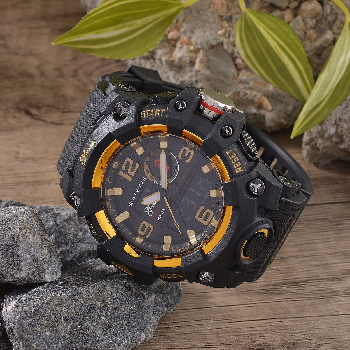 GENOA Time V2 Dual Japanese Movement Black Dial Gold Scale 5 ATM Water Resistant Watch With Black Stainless Steel &amp; Leatherette Strap 7625367 1