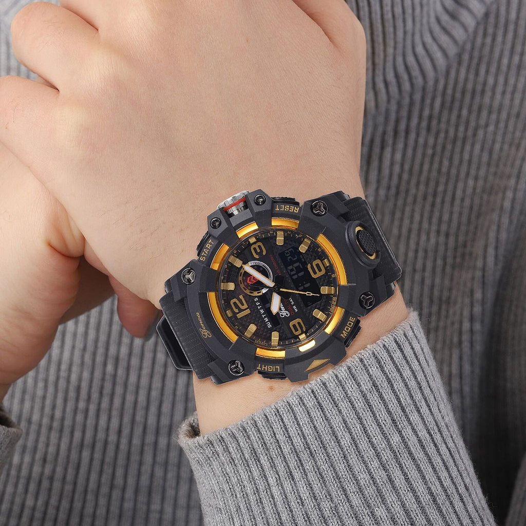 GENOA Time V2 Dual Japanese Movement Black Dial Gold Scale 5 ATM Water Resistant Watch With Black Stainless Steel & Leatherette Strap