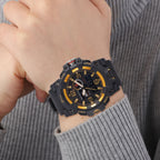 GENOA Time V2 Dual Japanese Movement Black Dial Gold Scale 5 ATM Water Resistant Watch With Black Stainless Steel & Leatherette Strap