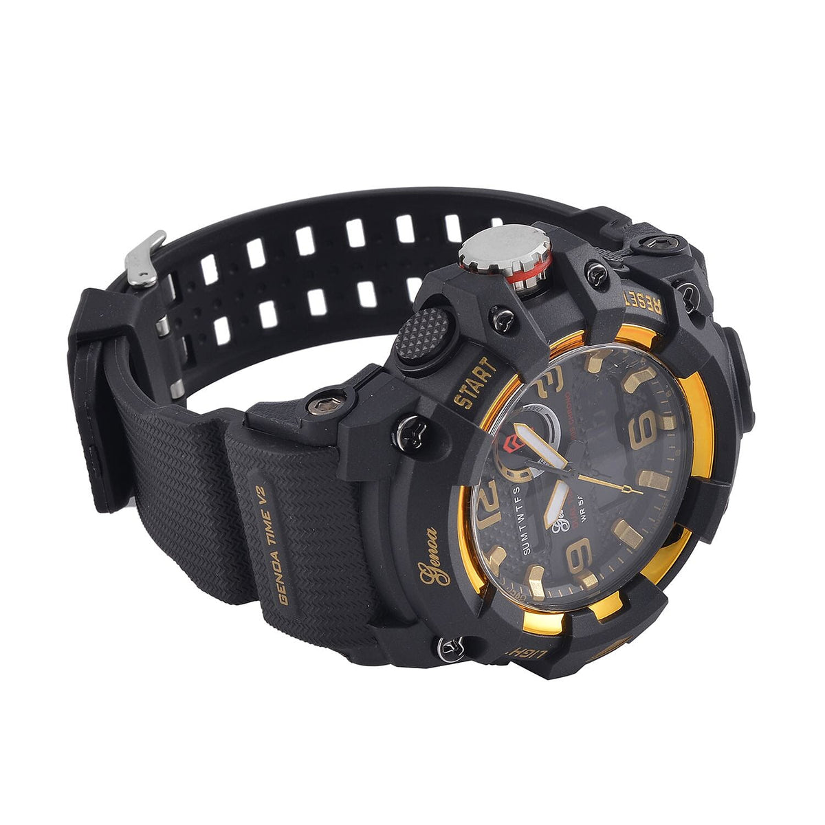 GENOA Time V2 Dual Japanese Movement Black Dial Gold Scale 5 ATM Water Resistant Watch With Black Stainless Steel &amp; Leatherette Strap 7625367 4