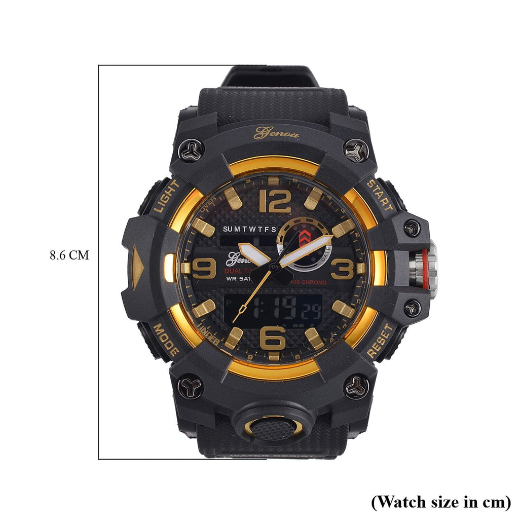 GENOA Time V2 Dual Japanese Movement Black Dial Gold Scale 5 ATM Water Resistant Watch With Black Stainless Steel & Leatherette Strap