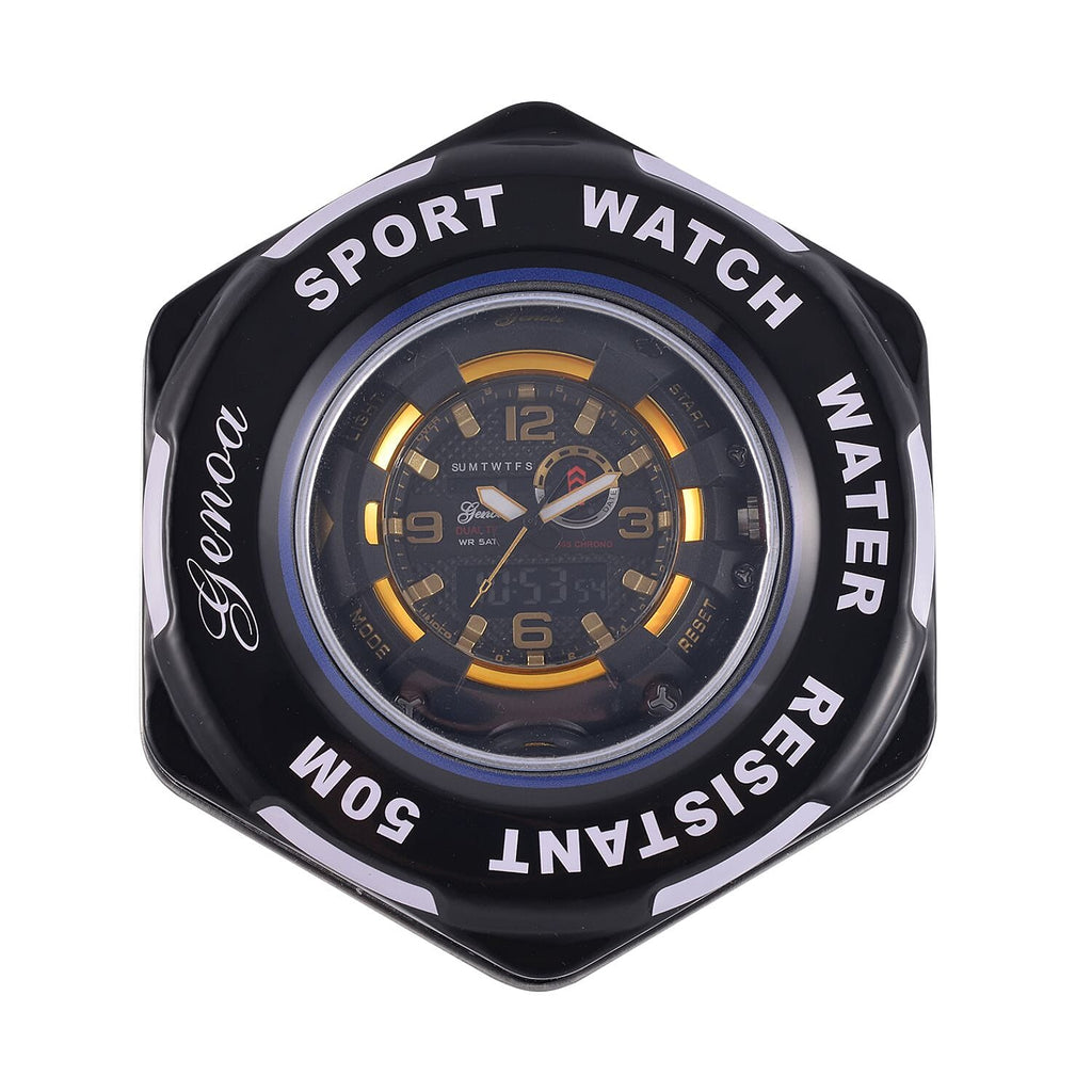 GENOA Time V2 Dual Japanese Movement Black Dial Gold Scale 5 ATM Water Resistant Watch With Black Stainless Steel & Leatherette Strap