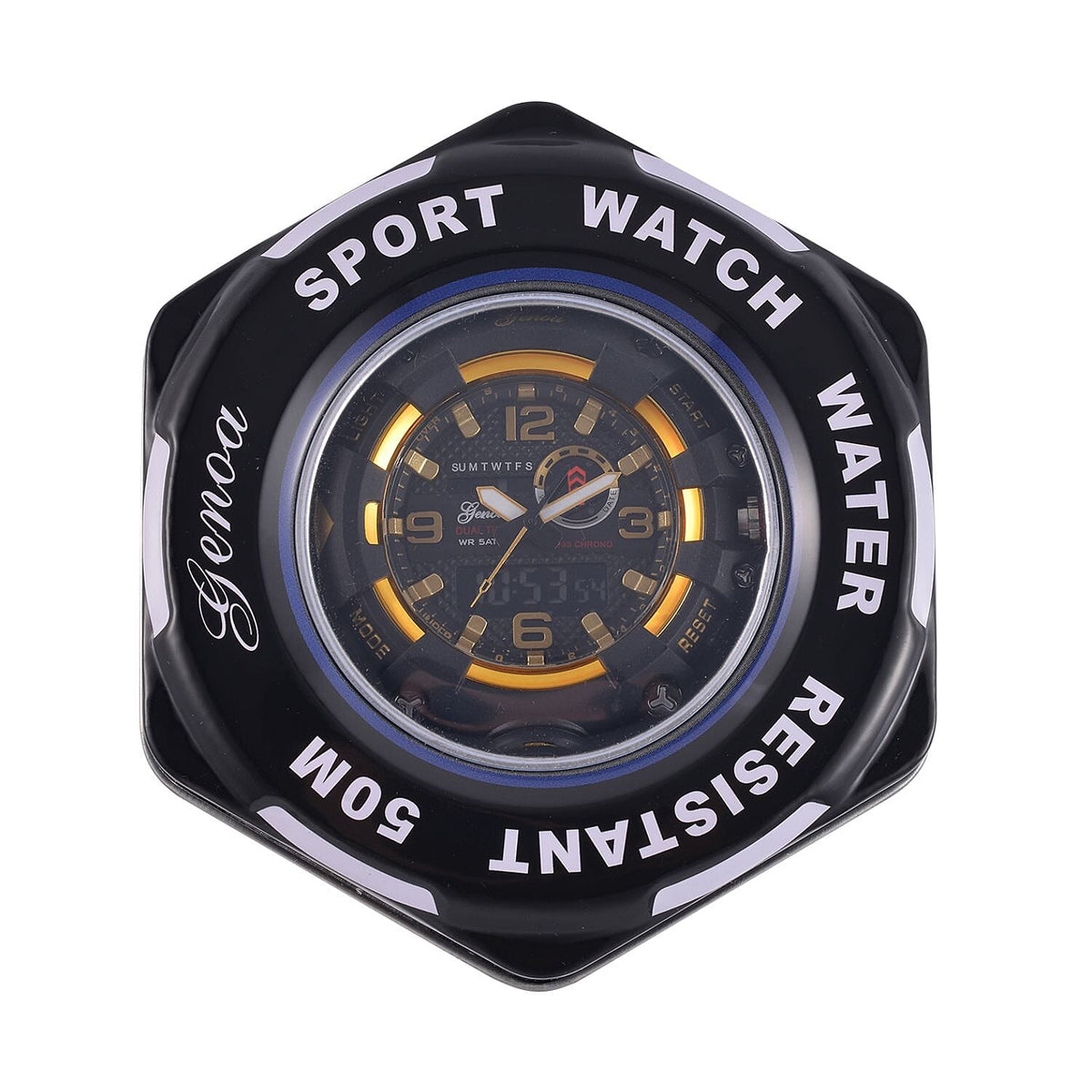 GENOA Time V2 Dual Japanese Movement Black Dial Gold Scale 5 ATM Water Resistant Watch With Black Stainless Steel &amp; Leatherette Strap 7625367 7