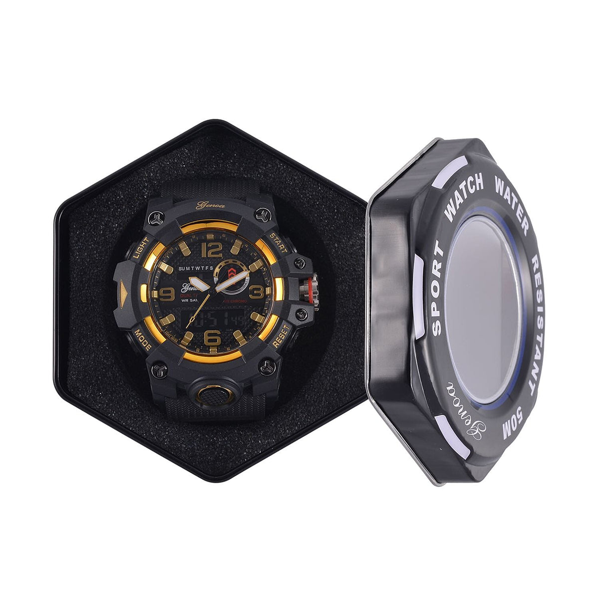 GENOA Time V2 Dual Japanese Movement Black Dial Gold Scale 5 ATM Water Resistant Watch With Black Stainless Steel &amp; Leatherette Strap 7625367 8