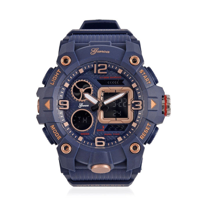 GENOA Japanese Movement Blue Dial 5 ATM Water Resistant Dual Display Watch with Stopwatch, Alarm, Night Light &amp; Blue Leatherette Strap in Rose Gold Tone 7625371 1