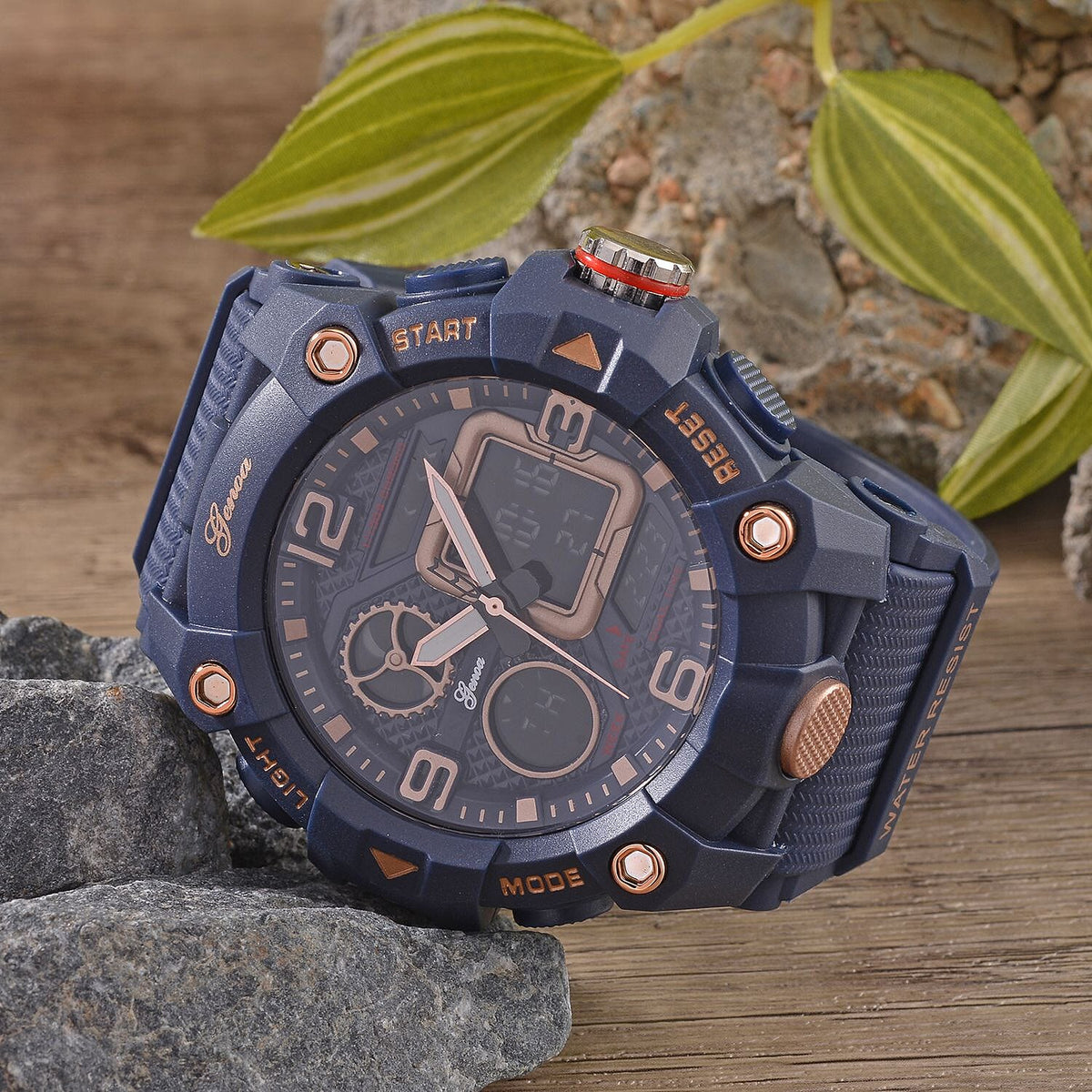 GENOA Japanese Movement Blue Dial 5 ATM Water Resistant Dual Display Watch with Stopwatch, Alarm, Night Light &amp; Blue Leatherette Strap in Rose Gold Tone 7625371 1