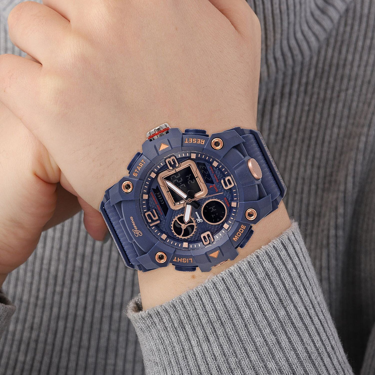 GENOA Japanese Movement Blue Dial 5 ATM Water Resistant Dual Display Watch with Stopwatch, Alarm, Night Light &amp; Blue Leatherette Strap in Rose Gold Tone 7625371 2