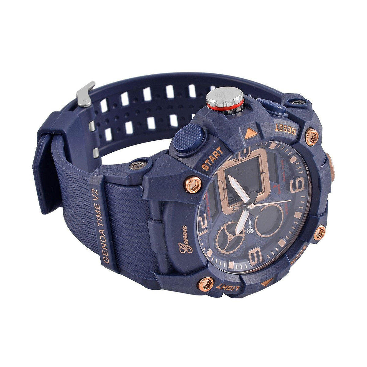 GENOA Japanese Movement Blue Dial 5 ATM Water Resistant Dual Display Watch with Stopwatch, Alarm, Night Light &amp; Blue Leatherette Strap in Rose Gold Tone 7625371 4