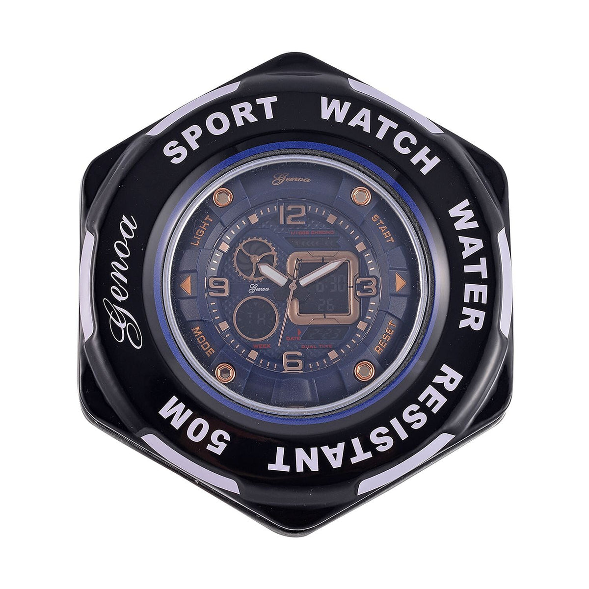 GENOA Japanese Movement Blue Dial 5 ATM Water Resistant Dual Display Watch with Stopwatch, Alarm, Night Light &amp; Blue Leatherette Strap in Rose Gold Tone 7625371 7