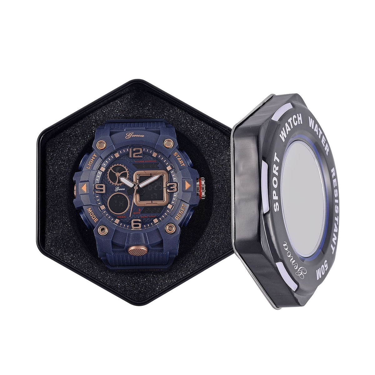 GENOA Japanese Movement Blue Dial 5 ATM Water Resistant Dual Display Watch with Stopwatch, Alarm, Night Light &amp; Blue Leatherette Strap in Rose Gold Tone 7625371 8