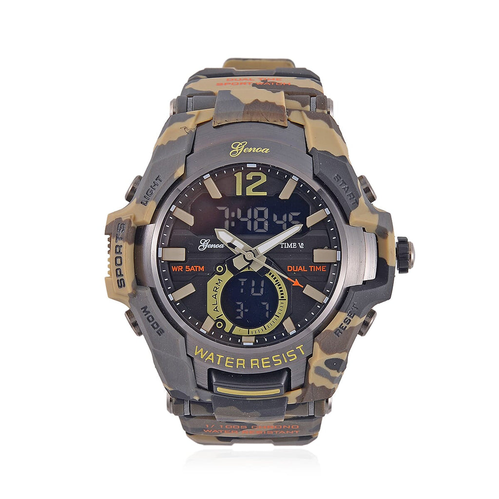 Genoa Black Literal Khaki Dial 5 ATM Water Resistant Watch with Khaki Camouflage Leatherette Strap