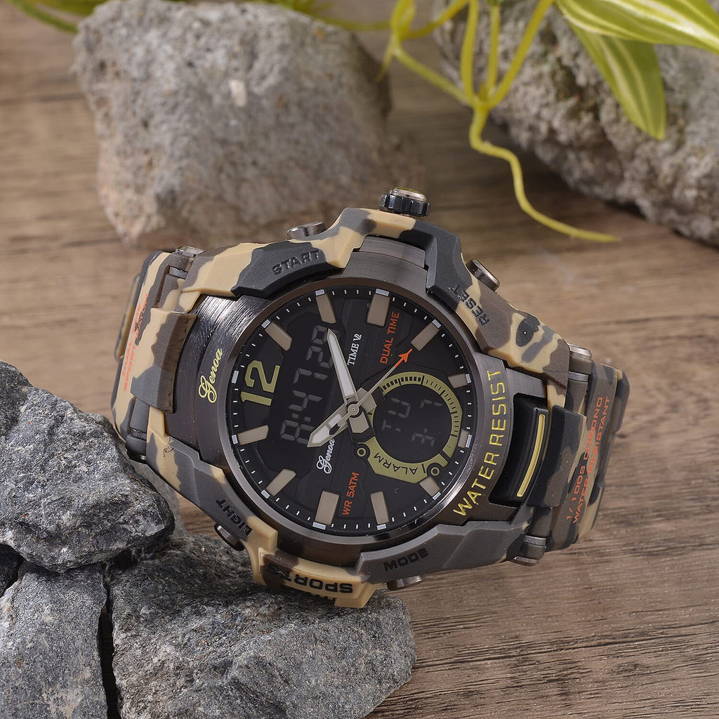 Genoa Black Literal Khaki Dial 5 ATM Water Resistant Watch with Khaki Camouflage Leatherette Strap