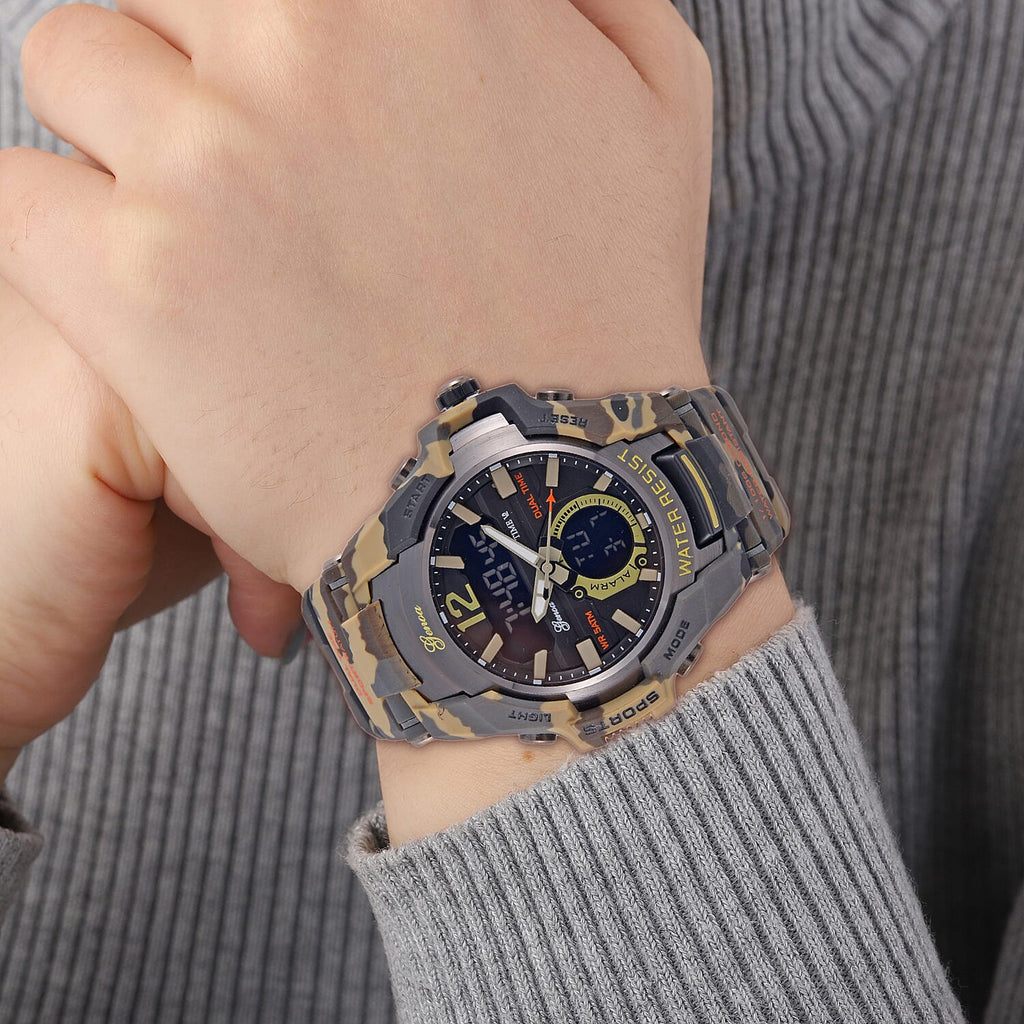 Genoa Black Literal Khaki Dial 5 ATM Water Resistant Watch with Khaki Camouflage Leatherette Strap