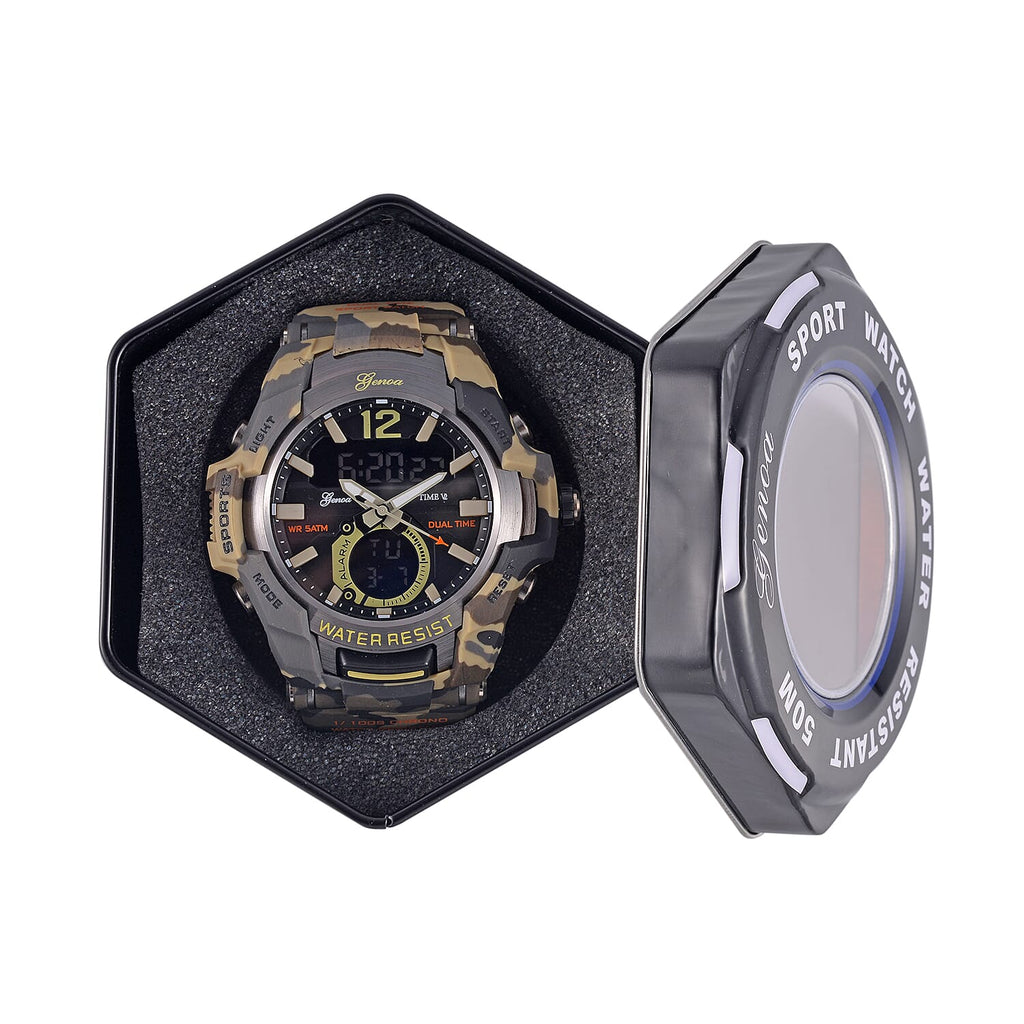 Genoa Black Literal Khaki Dial 5 ATM Water Resistant Watch with Khaki Camouflage Leatherette Strap