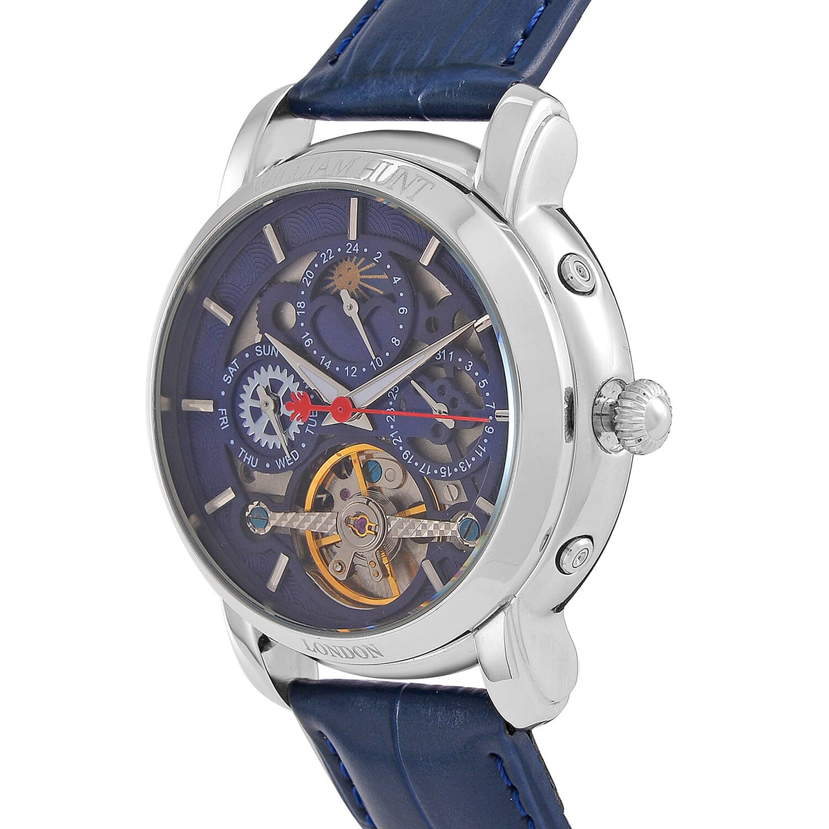 LIMITED EDITION William Hunt London Automatic Movement 5 ATM WR Moon Phase Watch With Blue Leather Strap 7804867 0