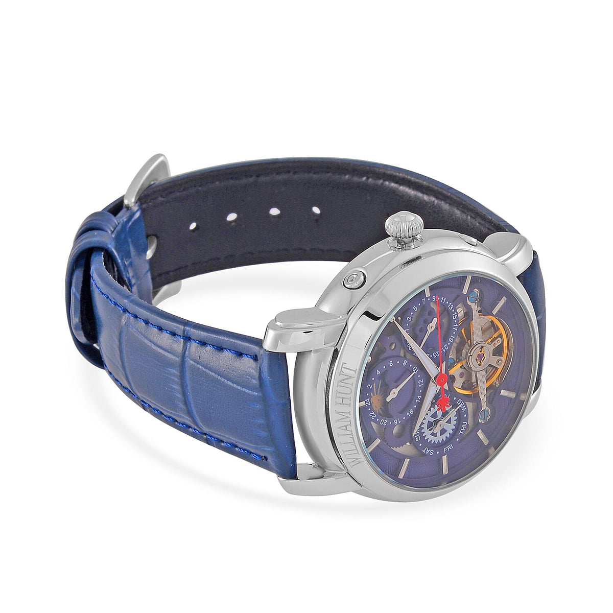 LIMITED EDITION William Hunt London Automatic Movement 5 ATM WR Moon Phase Watch With Blue Leather Strap 7804867 2