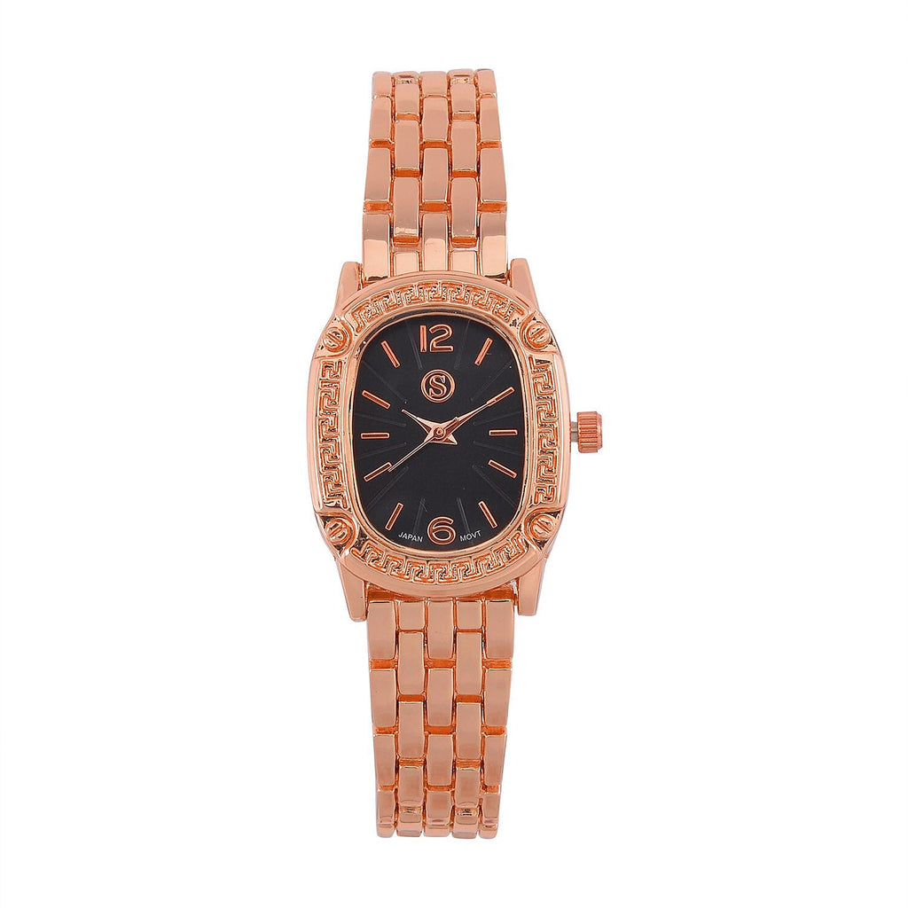Strada Japanese Movement Black Dial Water Resistant Watch in Rose Gold Tone