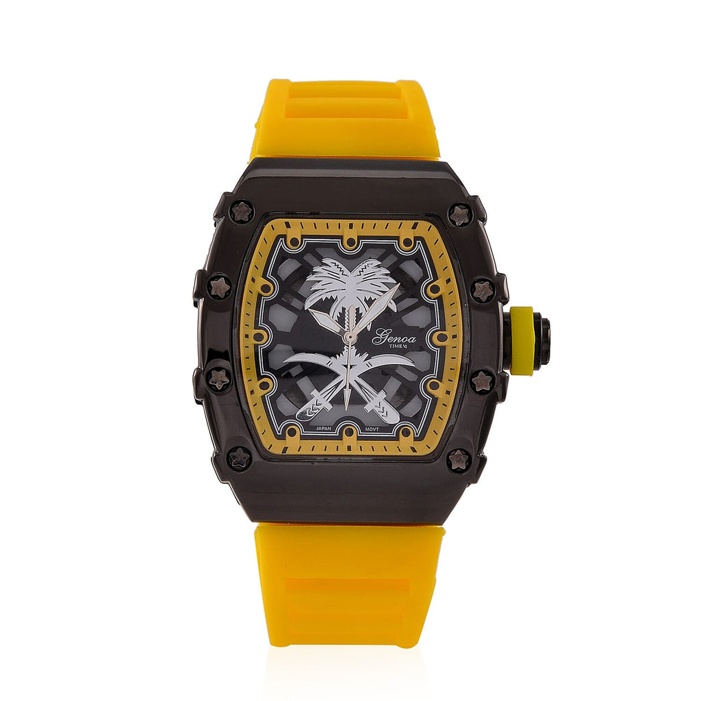 GENOA Japan Movt. 3ATM WR Black Dial Watch with Yellow Colour Strap