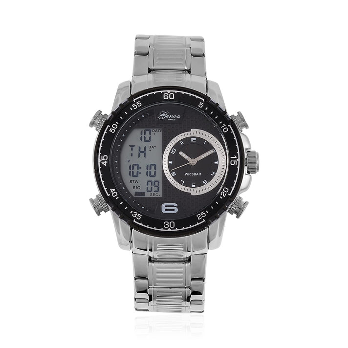 GENOA TIME V2 Japan Movement Multifucntional LED &amp; Black Literal Dial 3 ATM WR Watch with Stainless Steel Silver Buckle 7754856 1
