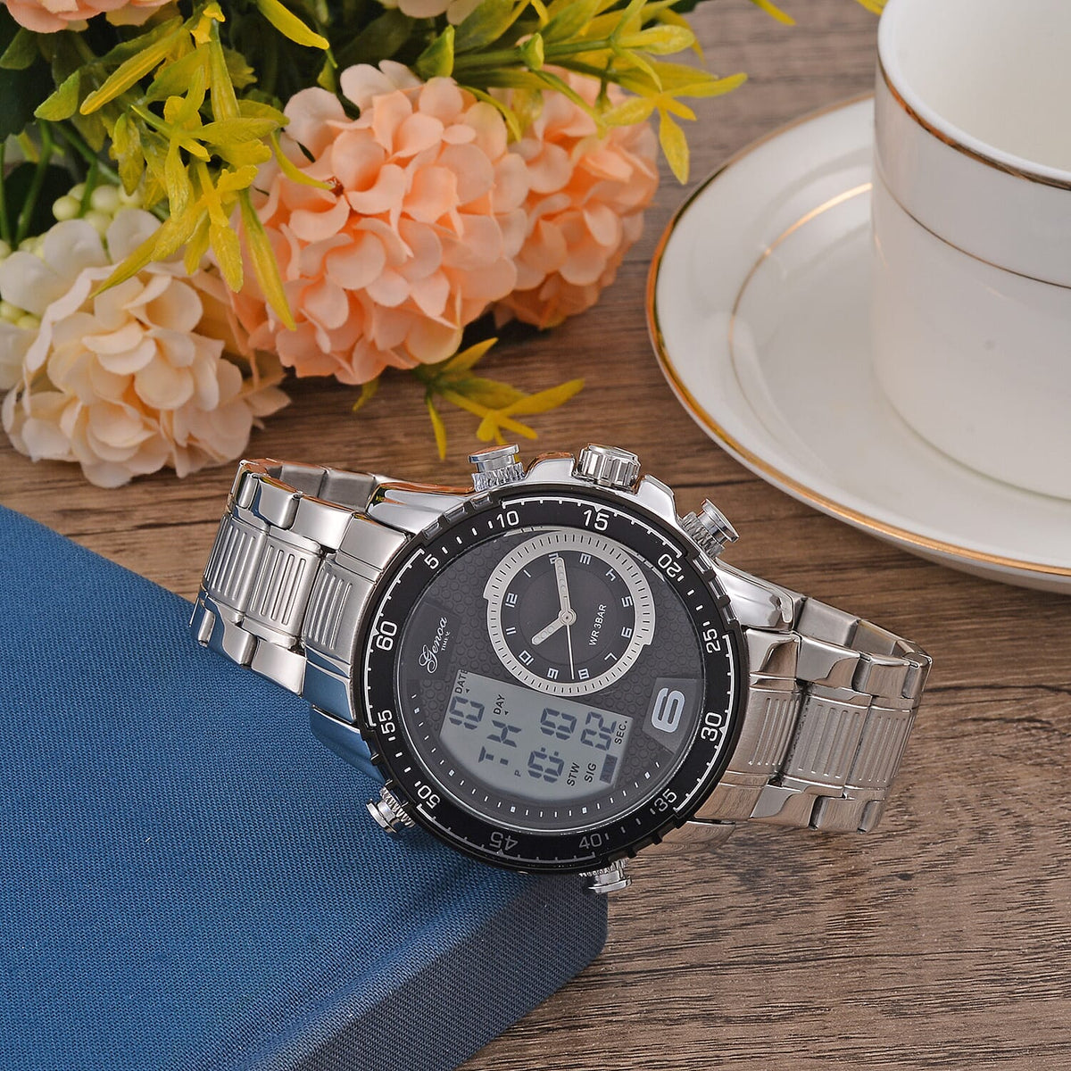 GENOA TIME V2 Japan Movement Multifucntional LED &amp; Black Literal Dial 3 ATM WR Watch with Stainless Steel Silver Buckle 7754856 2