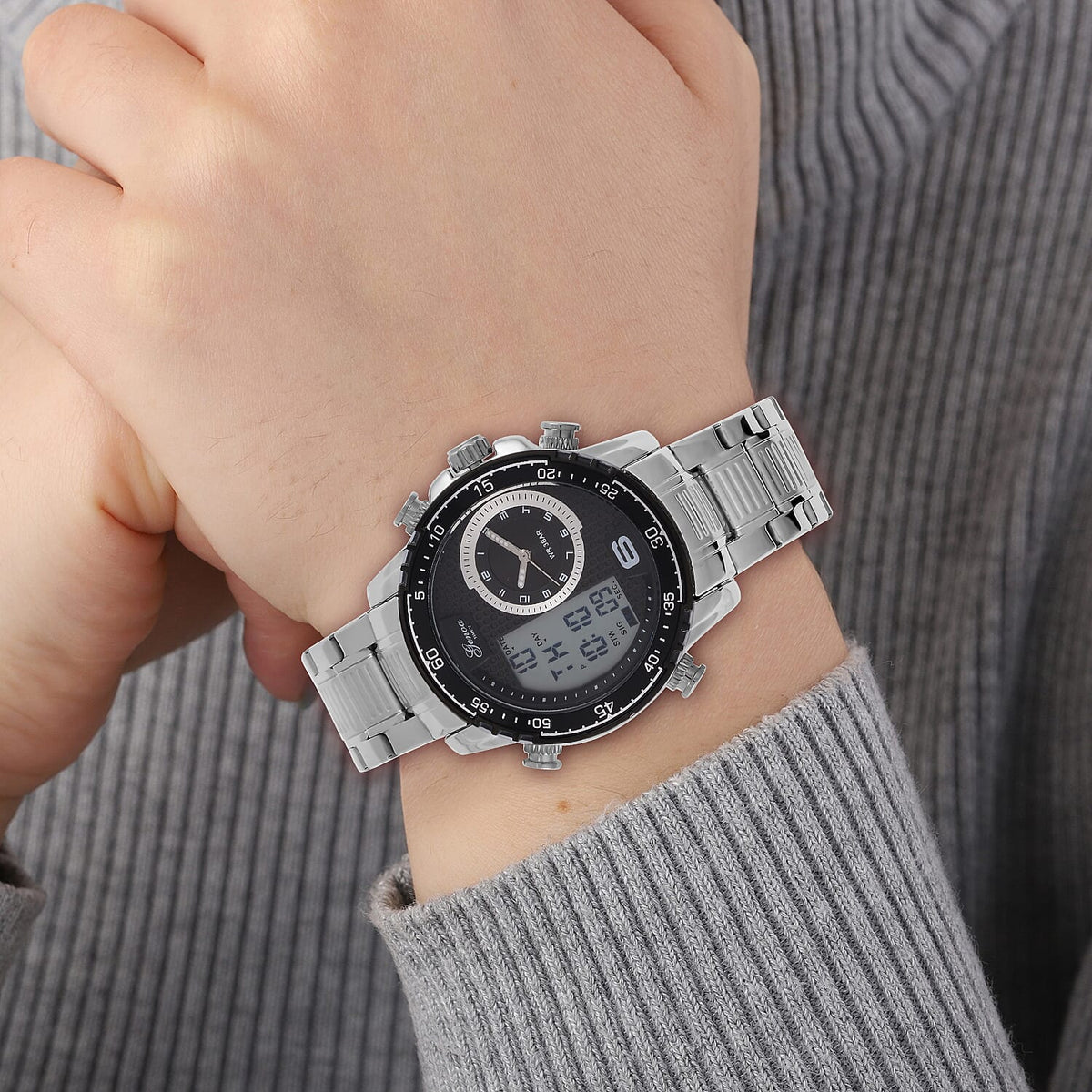 GENOA TIME V2 Japan Movement Multifucntional LED &amp; Black Literal Dial 3 ATM WR Watch with Stainless Steel Silver Buckle 7754856 3