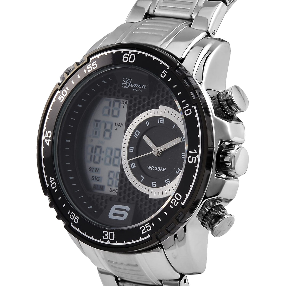 GENOA TIME V2 Japan Movement Multifucntional LED &amp; Black Literal Dial 3 ATM WR Watch with Stainless Steel Silver Buckle 7754856 4