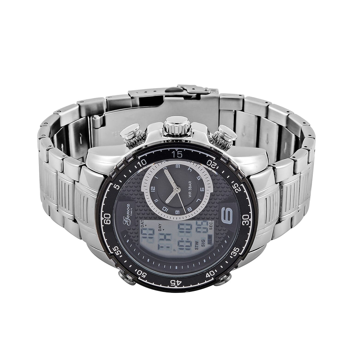 GENOA TIME V2 Japan Movement Multifucntional LED &amp; Black Literal Dial 3 ATM WR Watch with Stainless Steel Silver Buckle 7754856 5
