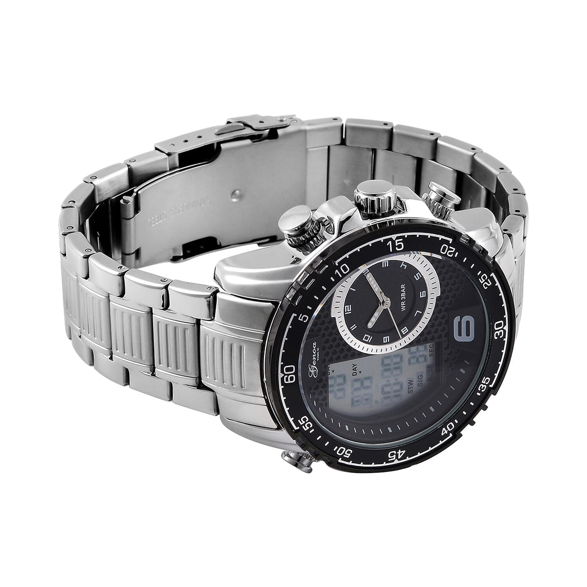 GENOA TIME V2 Japan Movement Multifucntional LED &amp; Black Literal Dial 3 ATM WR Watch with Stainless Steel Silver Buckle 7754856 6