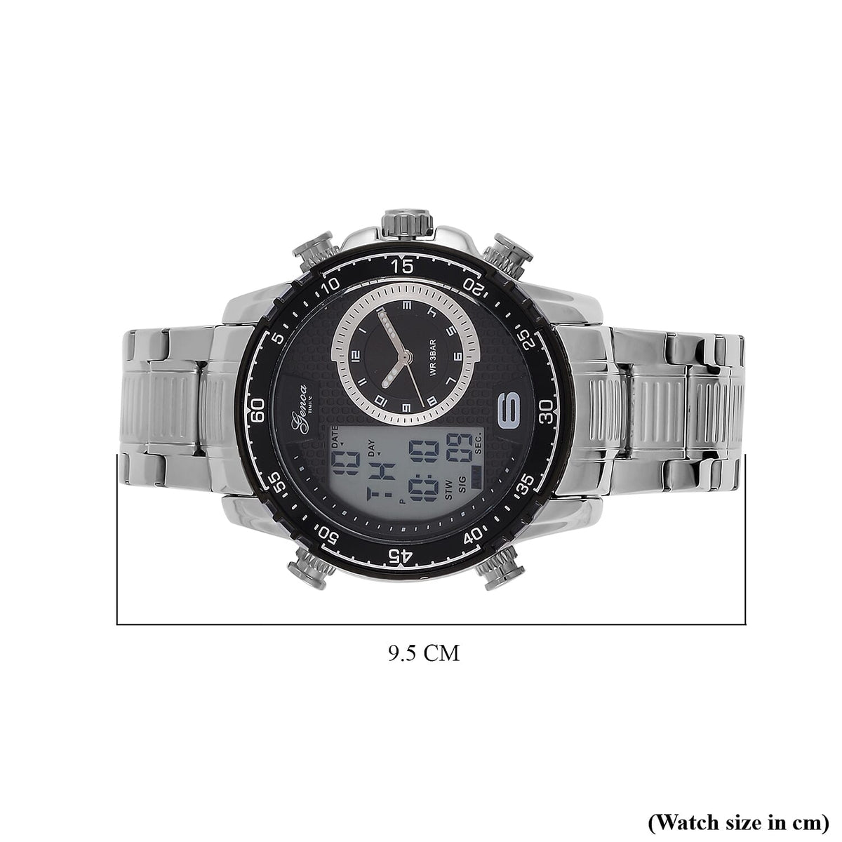 GENOA TIME V2 Japan Movement Multifucntional LED &amp; Black Literal Dial 3 ATM WR Watch with Stainless Steel Silver Buckle 7754856 8