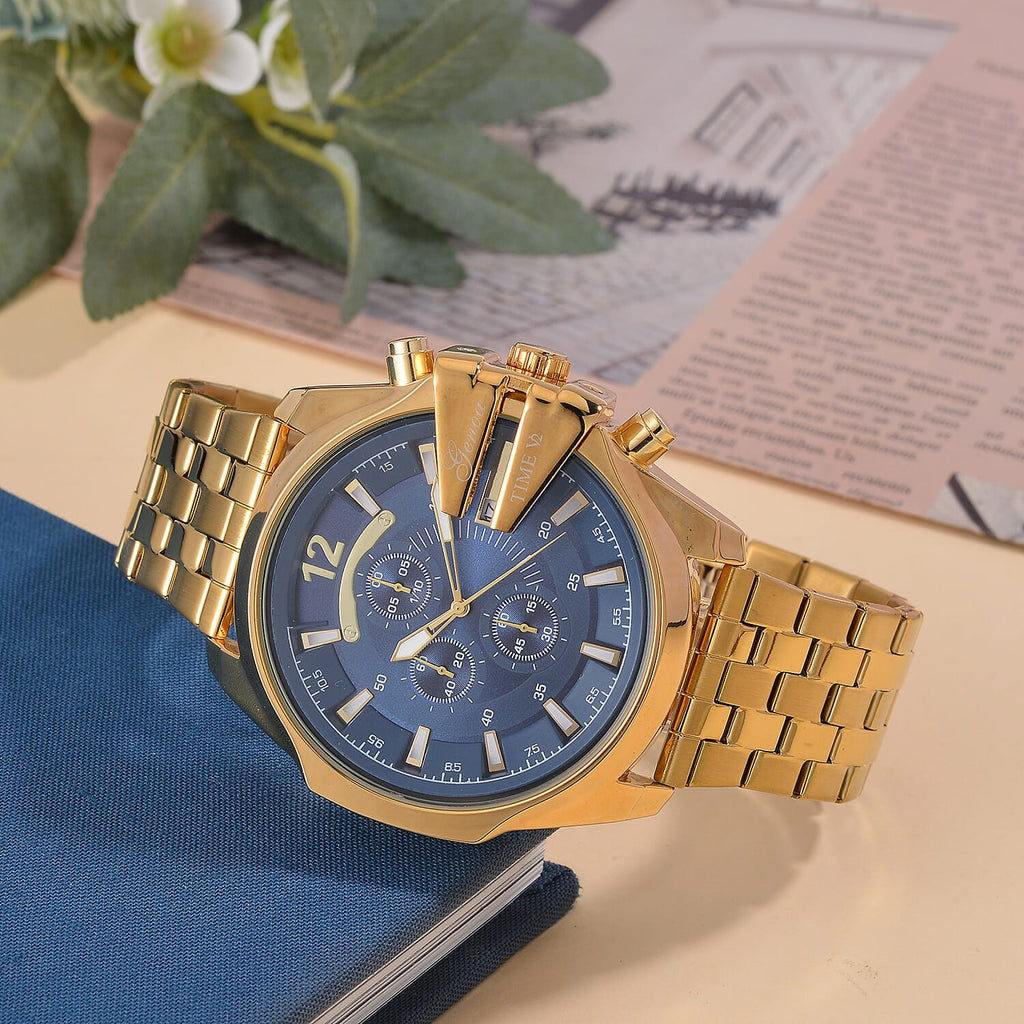 GENOA TIME V2 PE90 Multi-function Movement 3ATM Water Resistant Blue Multi-function Sunshine Dial Watch with Gold Colour Stainless Steel Chain Strap