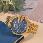 GENOA TIME V2 PE90 Multi-function Movement 3ATM Water Resistant Blue Multi-function Sunshine Dial Watch with Gold Colour Stainless Steel Chain Strap
