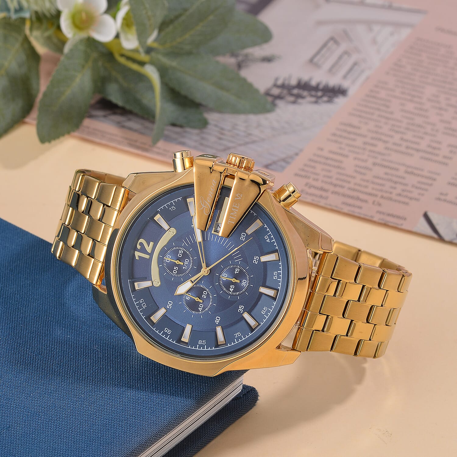 GENOA TIME V2 PE90 Multi-function Movement 3ATM Water Resistant Blue Multi-function Sunshine Dial Watch with Gold Colour Stainless Steel Chain Strap 7810830 2