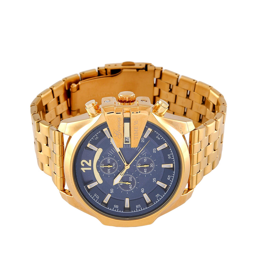 GENOA TIME V2 PE90 Multi-function Movement 3ATM Water Resistant Blue Multi-function Sunshine Dial Watch with Gold Colour Stainless Steel Chain Strap