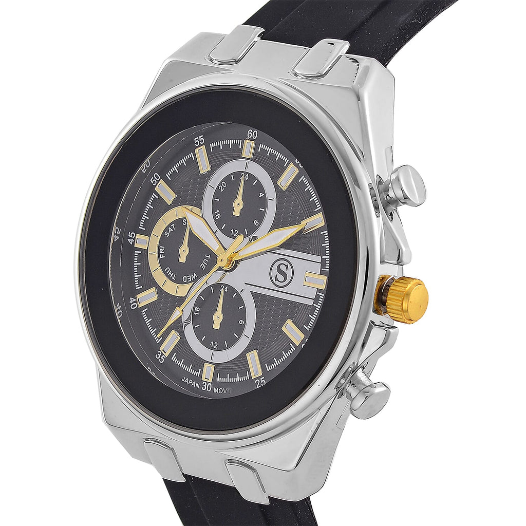 STRADA Japanese Movement Water Resistant Hydraulic Dial Watch with Black Colour Silicone Strap