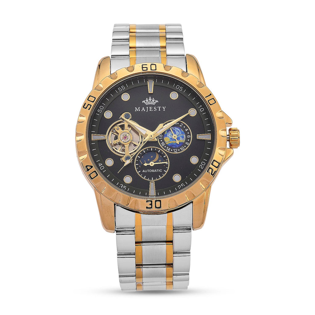 MAJESTY Multifunctional Automatic 3ATM WR Black Hollow - Moon Phase Dial - Two-Tone Case Mens Watch with Two-Tone Stainless Steel Strap