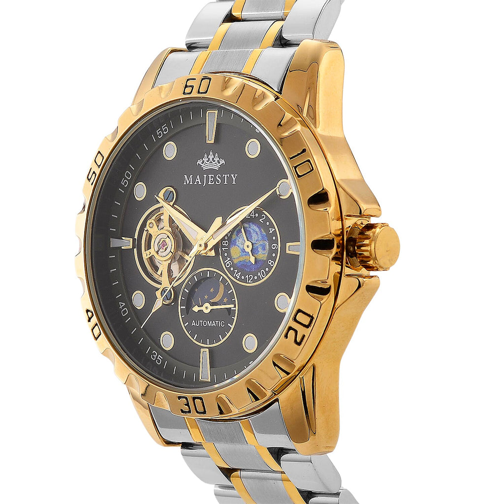 MAJESTY Multifunctional Automatic 3ATM WR Black Hollow - Moon Phase Dial - Two-Tone Case Mens Watch with Two-Tone Stainless Steel Strap