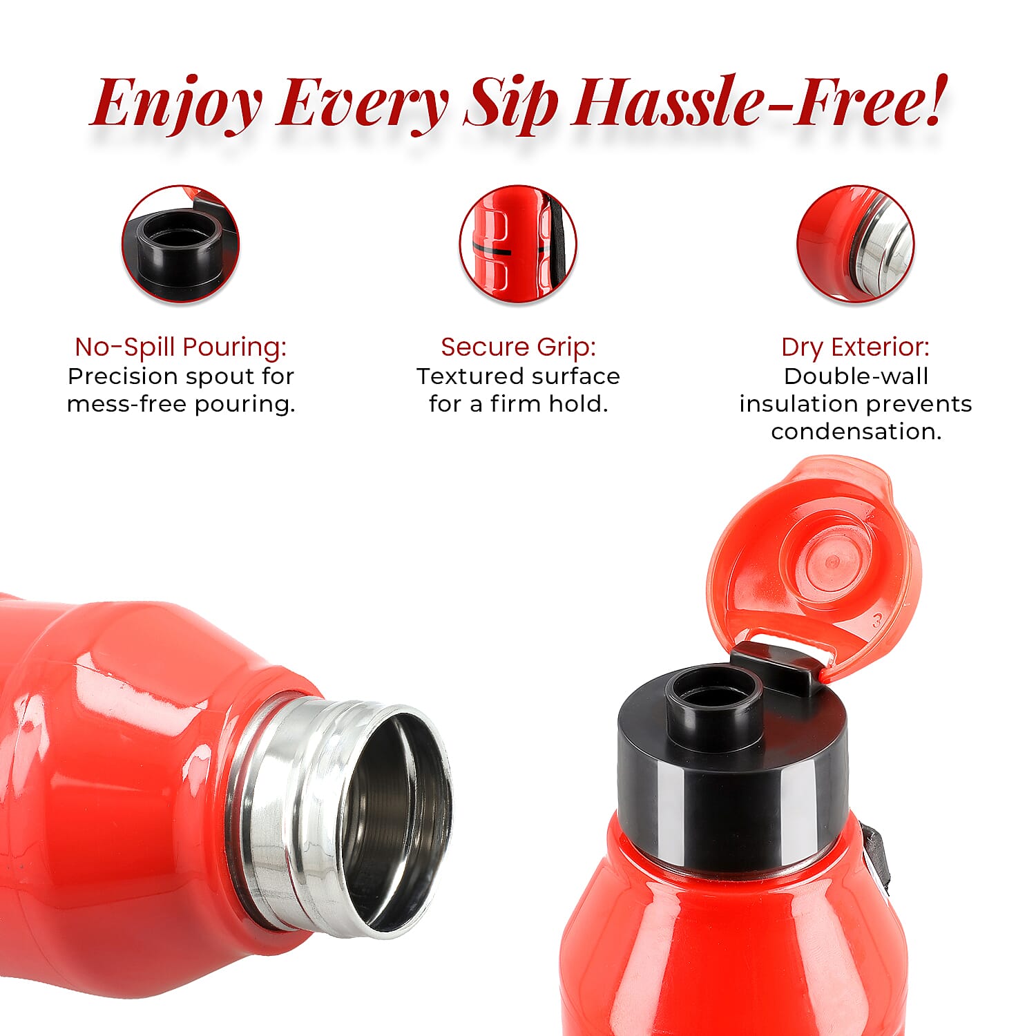 Set of 2 Wave Warm - Cold Insulated Stainless Steel Bottle Leak Proof - Red 700 ML 7729554 5