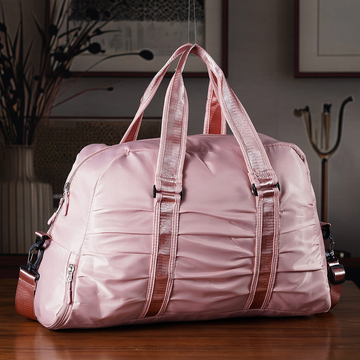 Water Repellent Pleated Travel Dufflle Bag - Light Pink 7689135 7