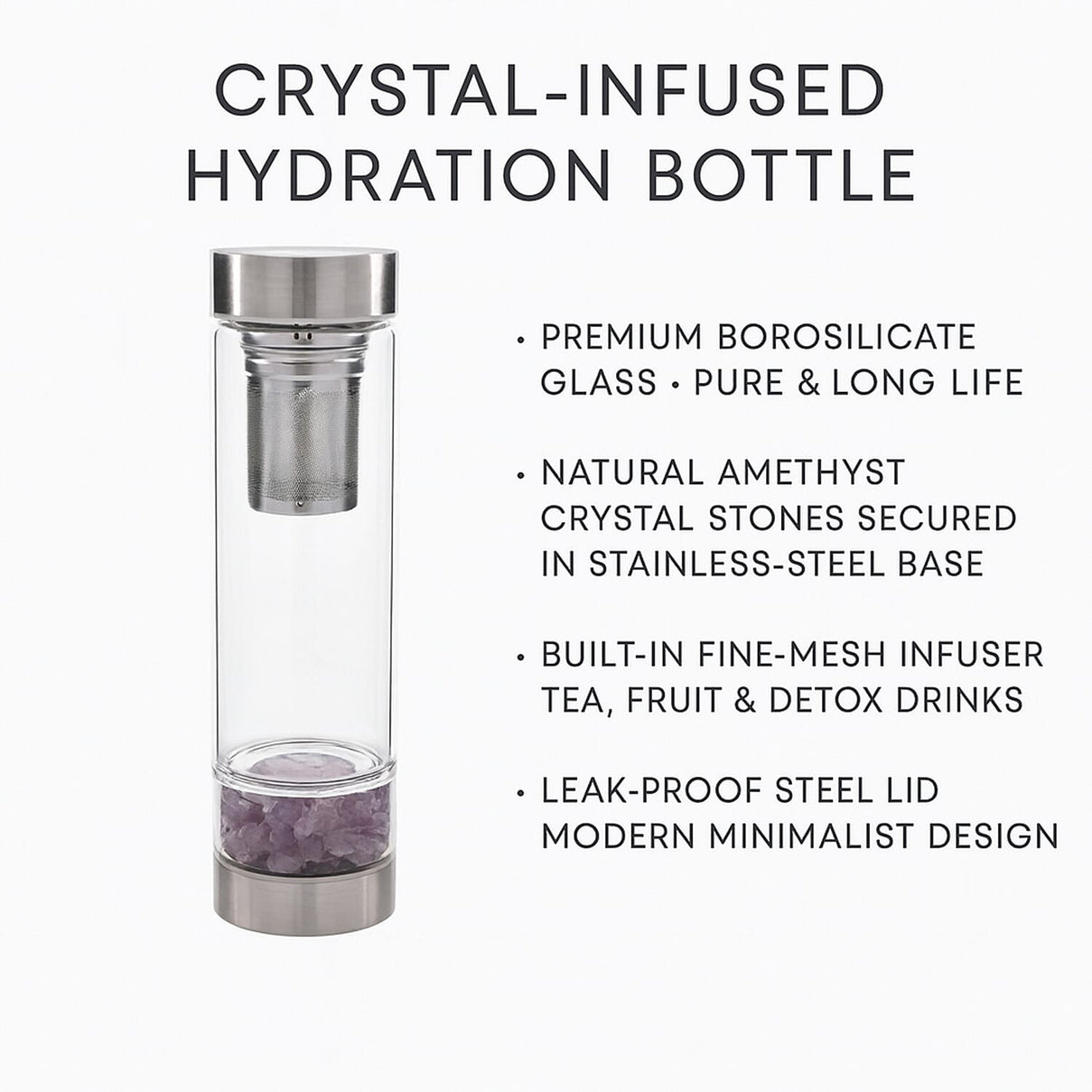 Water bottle with Crystal Stone - Infuser (450ml) - Amethyst (with Grey Cup Cover) 8927117 2