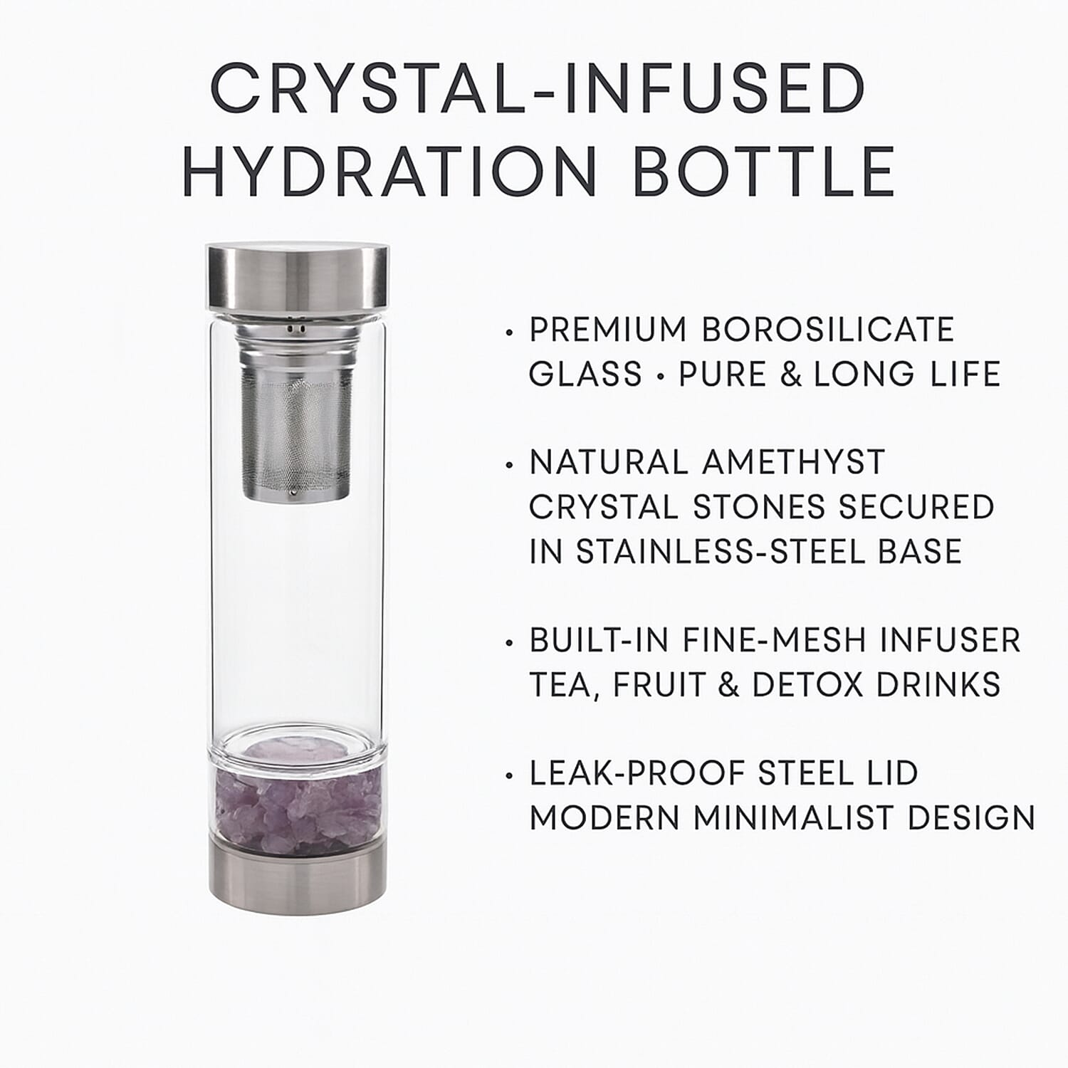 Water bottle with Crystal Stone - Infuser (450ml) - Amethyst (with Grey Cup Cover) 8927117 2