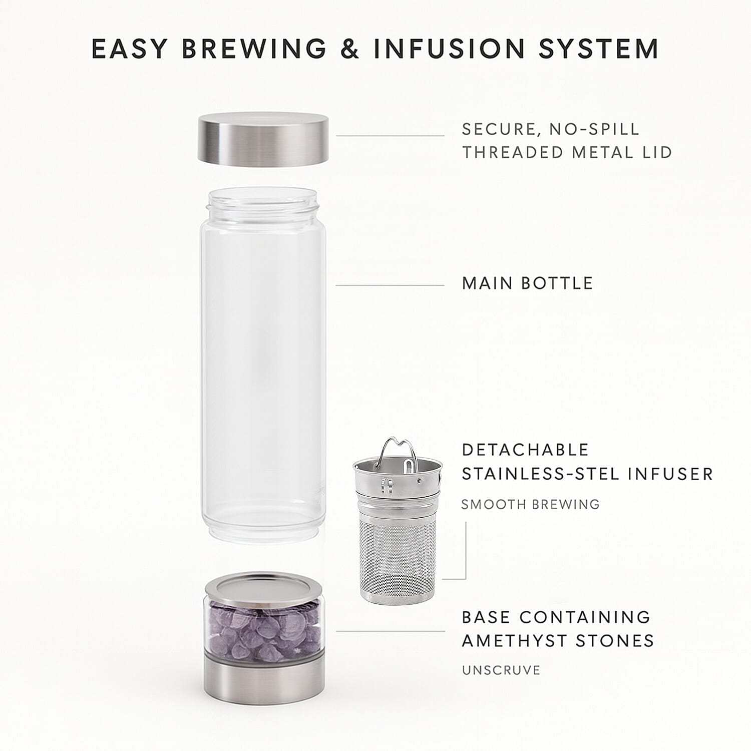 Water bottle with Crystal Stone - Infuser (450ml) - Amethyst (with Grey Cup Cover) 8927117 3
