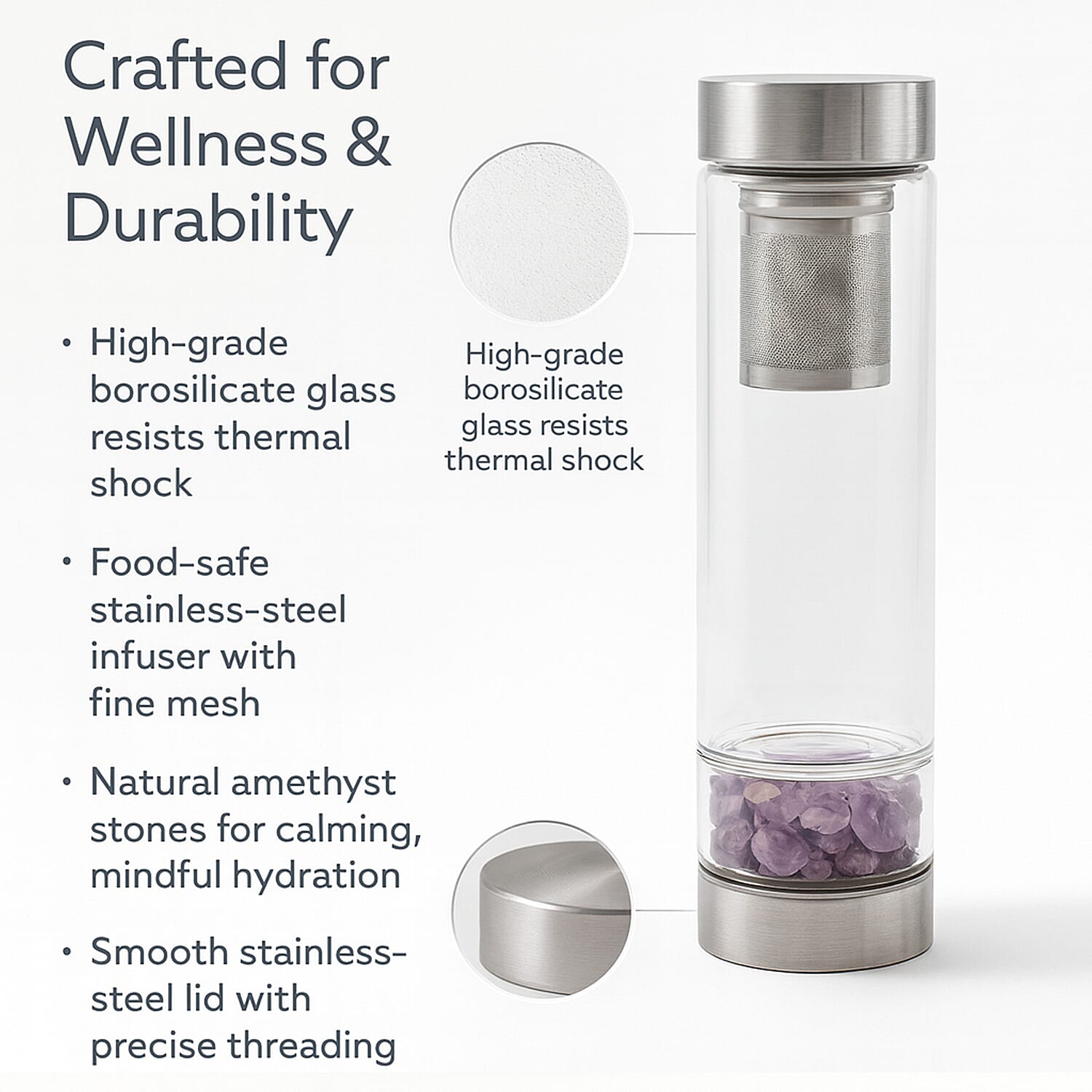 Water bottle with Crystal Stone - Infuser (450ml) - Amethyst (with Grey Cup Cover) 8927117 4