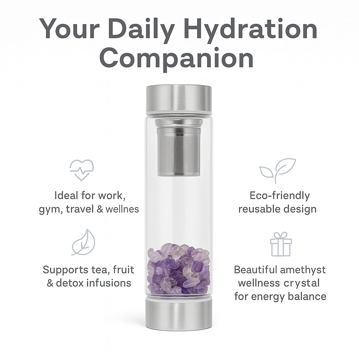 Water bottle with Crystal Stone - Infuser (450ml) - Amethyst (with Grey Cup Cover) 8927117 5