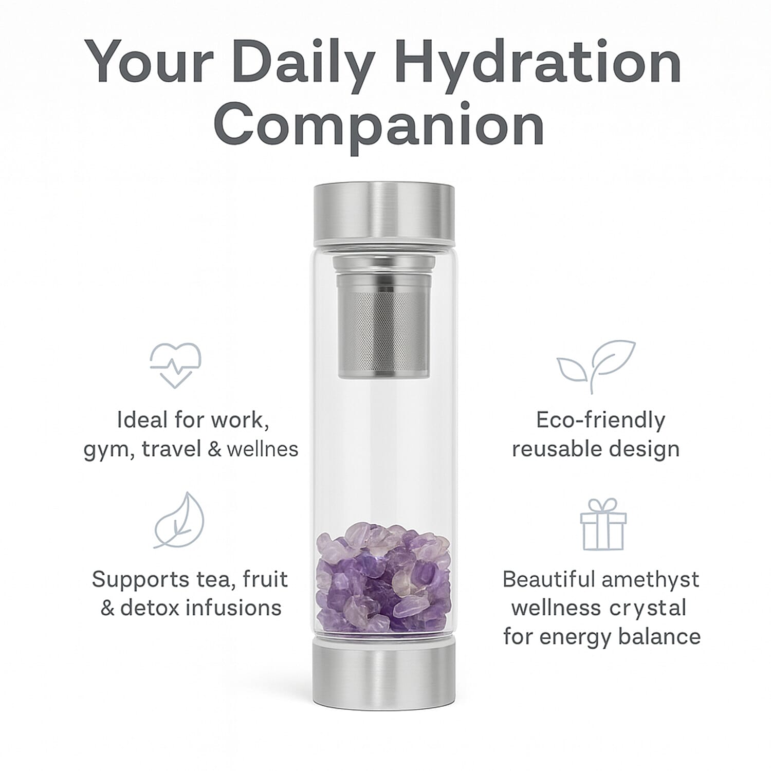 Water bottle with Crystal Stone - Infuser (450ml) - Amethyst (with Grey Cup Cover) 8927117 5